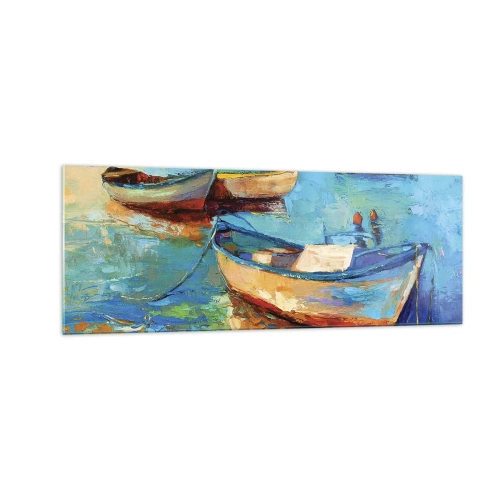 Cuadro sobre vidrio - Impresiones sobre Vidrio - Barcos coloridos amarrados en aguas tranquilas - 140x50cm - En la bahía sur - Decoración de pared moderna para salón y dormitorio ARTTOR