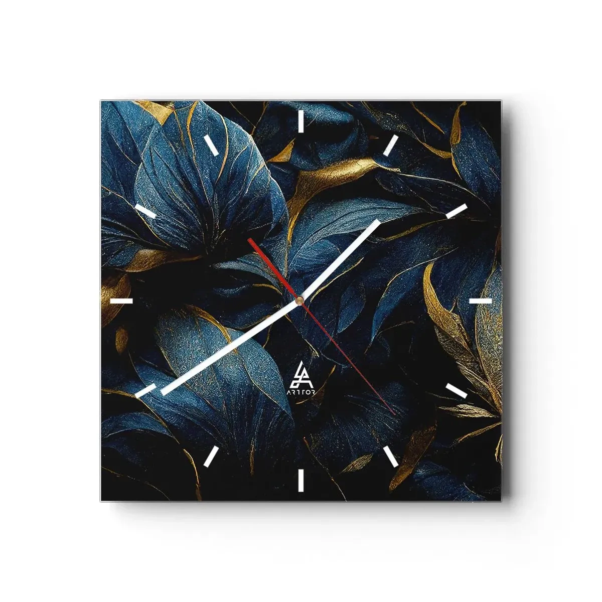 Reloj de pared - Reloj de vidrio - Hojas elegantes en tonos dorados y azul marino. - 30x30cm - Forradas de oro - Decoración de pared moderna para salón y dormitorio ARTTOR