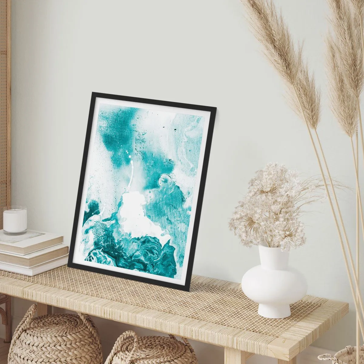 Póster en marco negro - Abstracción turquesa con detalles dinámicos. - 50x70cm - Remansos de azul - Decoración de pared moderna para salón y dormitorio ARTTOR