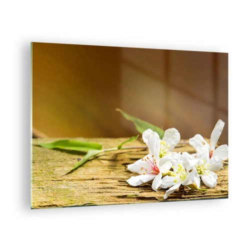 Cuadro sobre vidrio - Impresiones sobre Vidrio - Flores blancas sobre un fondo de madera con luz cálida. - 70x50cm - Una promesa inocente - Decoración de pared moderna para salón y dormitorio ARTTOR