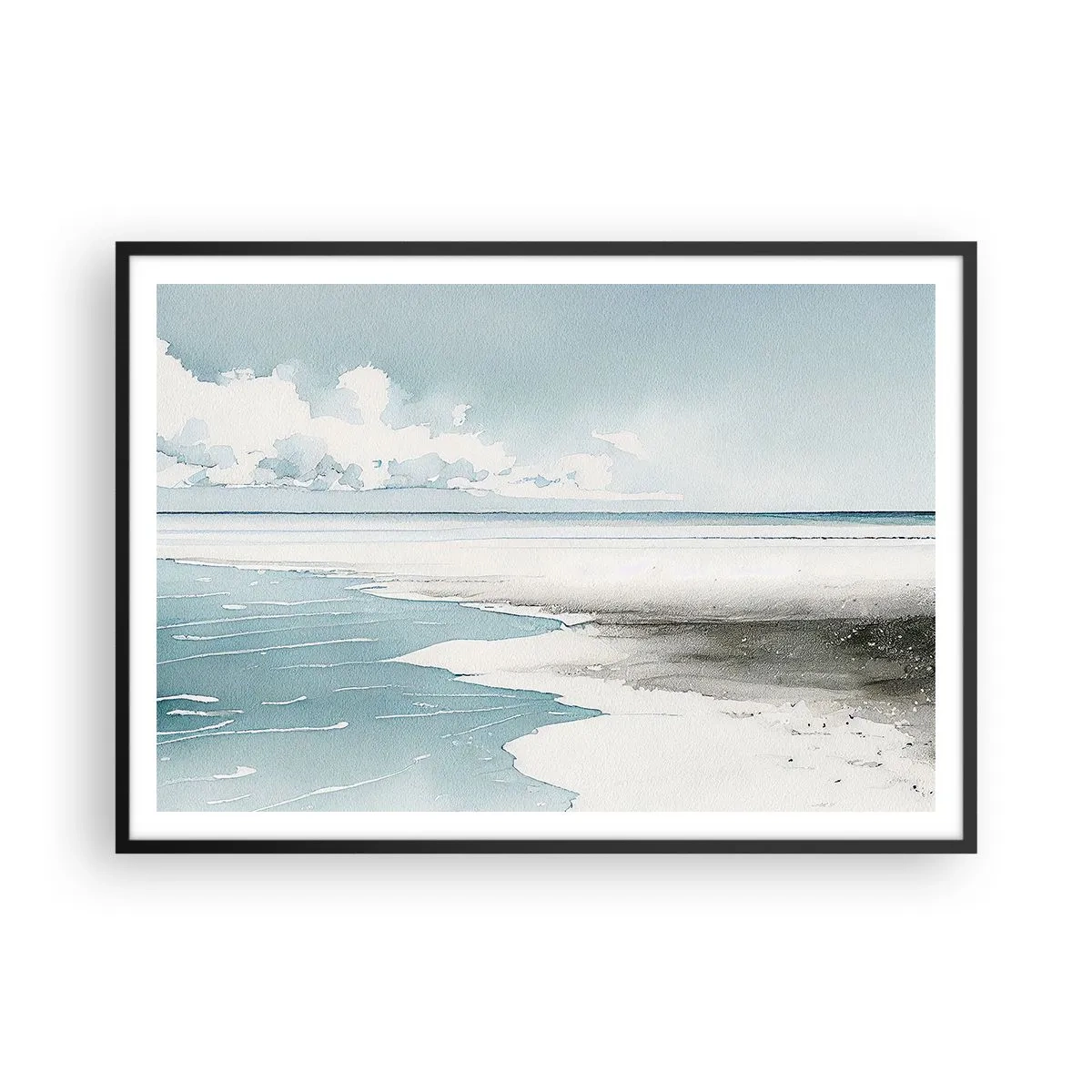 Póster en marco negro - Un mar tranquilo y una playa en tonos claros de azul. - 100x70cm - Suave marea otoñal - Decoración de pared moderna para salón y dormitorio ARTTOR