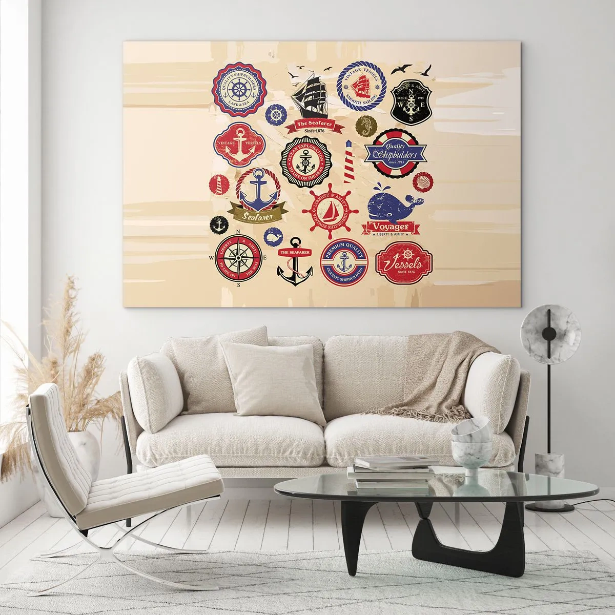 Cuadro sobre vidrio - Impresiones sobre Vidrio - Emblemas y símbolos náuticos sobre un fondo beige - 70x50cm - Una fraternidad del mar - Decoración de pared moderna para salón y dormitorio ARTTOR