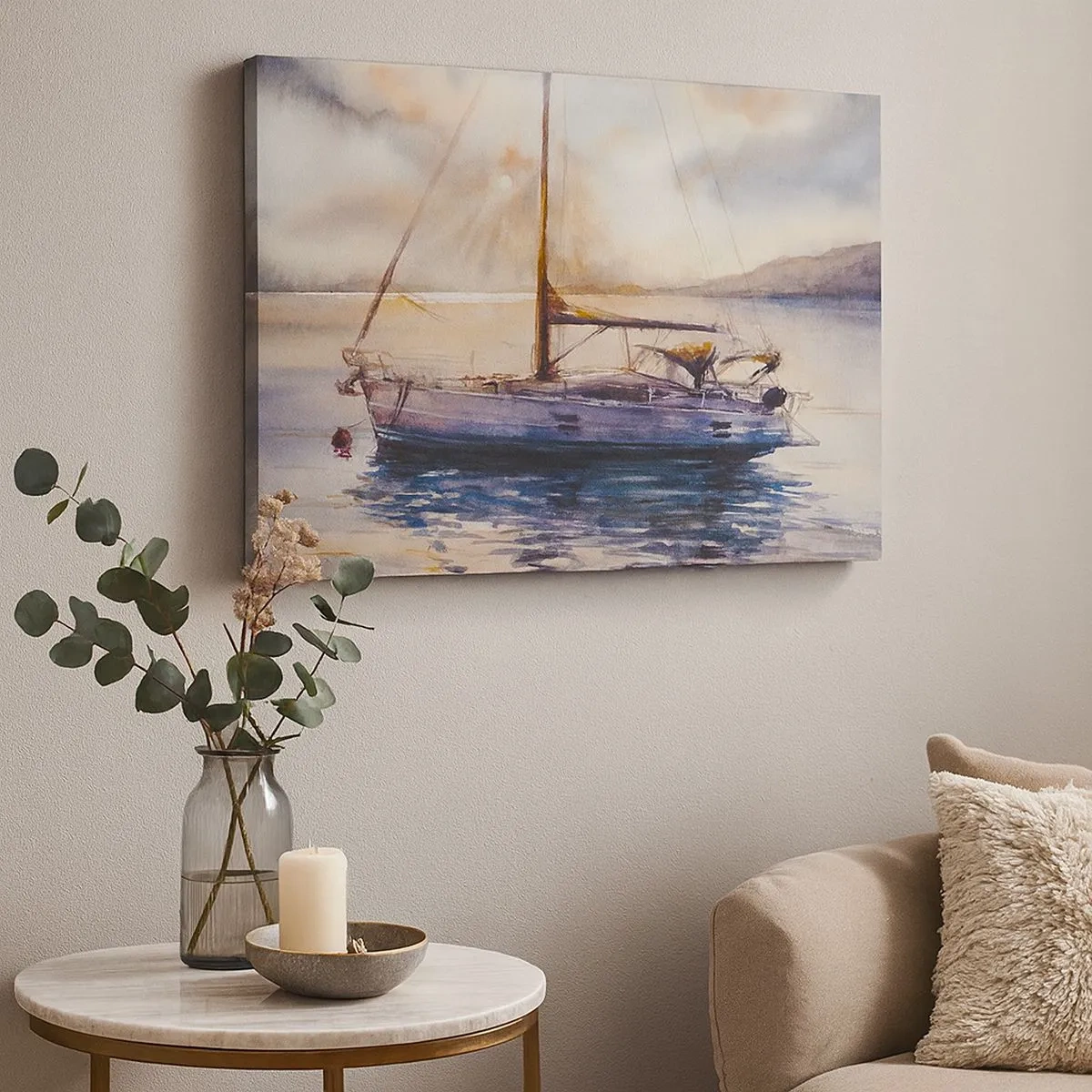 Cuadro sobre lienzo - Impresión de Imagen - Un yate en un mar tranquilo al atardecer. - 70x50cm - Atardecer en la bahía - Decoración de pared moderna para salón y dormitorio ARTTOR