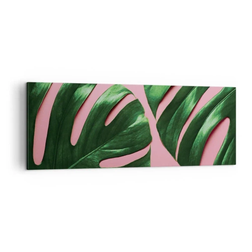 Cuadro sobre lienzo - Impresión de Imagen - Hojas de monstera verde sobre un fondo rosa - 140x50cm - Cita con el verde - Decoración de pared moderna para salón y dormitorio ARTTOR