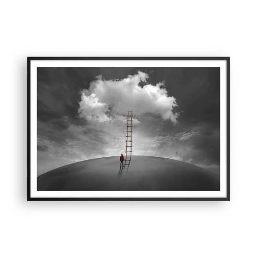 Póster en marco negro - Una persona con un abrigo rojo y una escalera que conduce a una nube. - 100x70cm - Todo es posible - Decoración de pared moderna para salón y dormitorio ARTTOR