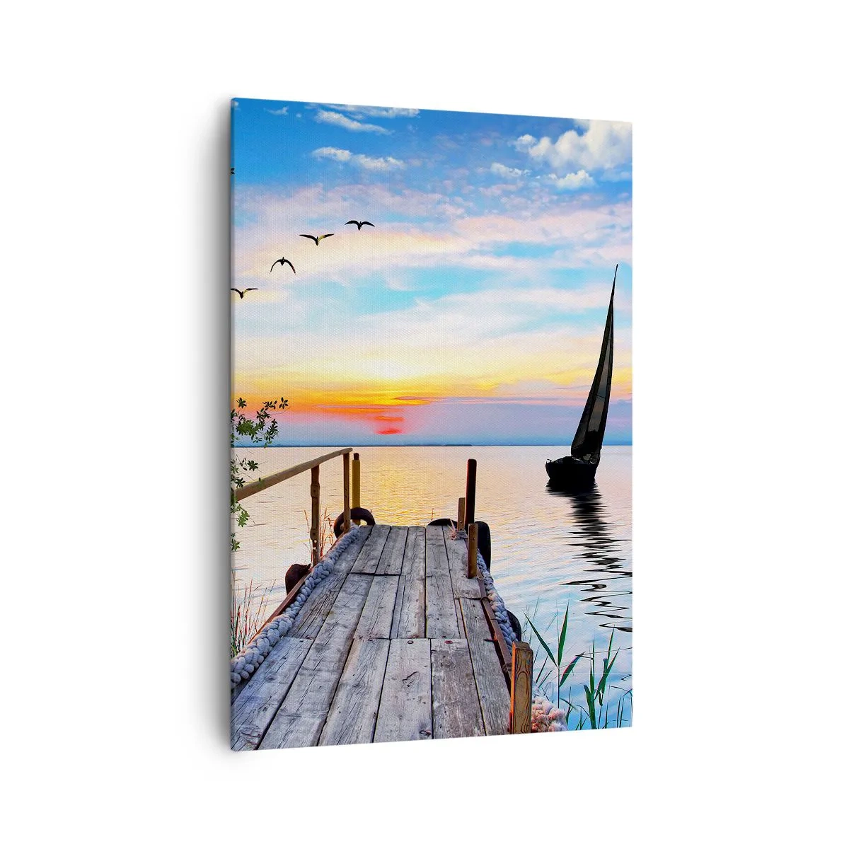Cuadro sobre lienzo - Impresión de Imagen - Muelle del lago con barco y puesta de sol - 70x100cm - Que llegue la noche - Decoración de pared moderna para salón y dormitorio ARTTOR