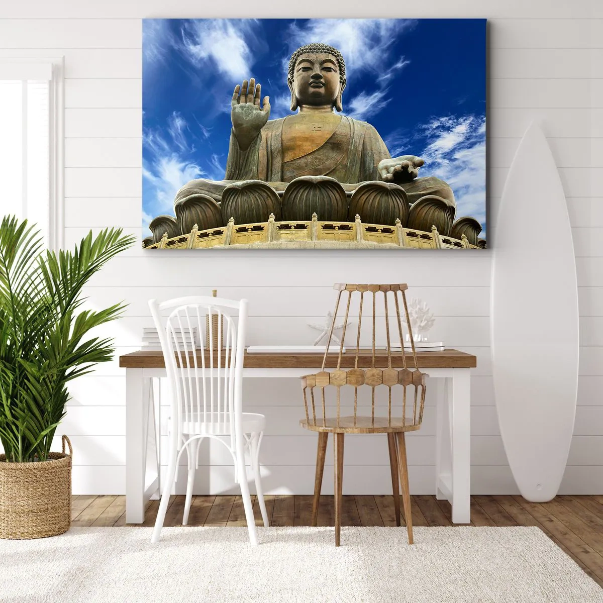 Cuadro sobre lienzo - Impresión de Imagen - Una estatua monumental de Buda contra un cielo azul con nubes. - 70x50cm - Vivir sin miedo - Decoración de pared moderna para salón y dormitorio ARTTOR