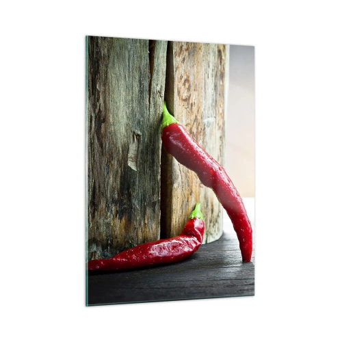 Cuadro sobre vidrio - Impresiones sobre Vidrio - Chiles rojos sobre un fondo de madera - 50x70cm - Pimientos rojos picantes - Decoración de pared moderna para salón y dormitorio ARTTOR