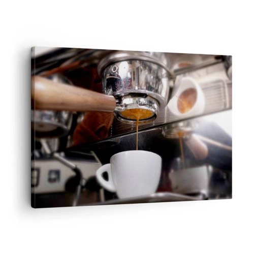 Cuadro sobre lienzo - Impresión de Imagen - Primer plano de una máquina de café preparando una dosis fresca de espresso - 70x50cm - El mejor momento del día - Decoración de pared moderna para salón y dormitorio ARTTOR