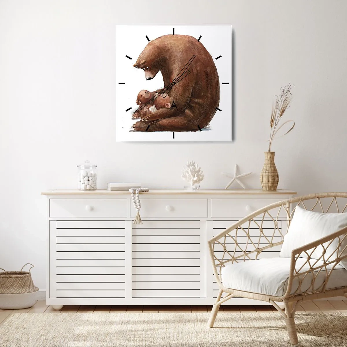 Reloj de pared - Reloj de vidrio - Una madre osa con dos ositos en sus brazos. - 30x30cm - Dulces sueños, niños - Decoración de pared moderna para salón y dormitorio ARTTOR