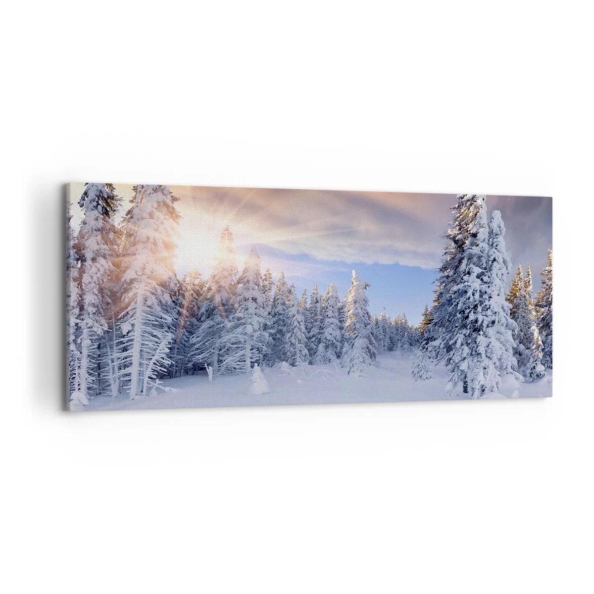 Cuadro sobre lienzo - Impresión de Imagen - Paisaje invernal con un bosque nevado al atardecer - 120x50cm - Un espectáculo de naturaleza nevada - Decoración de pared moderna para salón y dormitorio ARTTOR