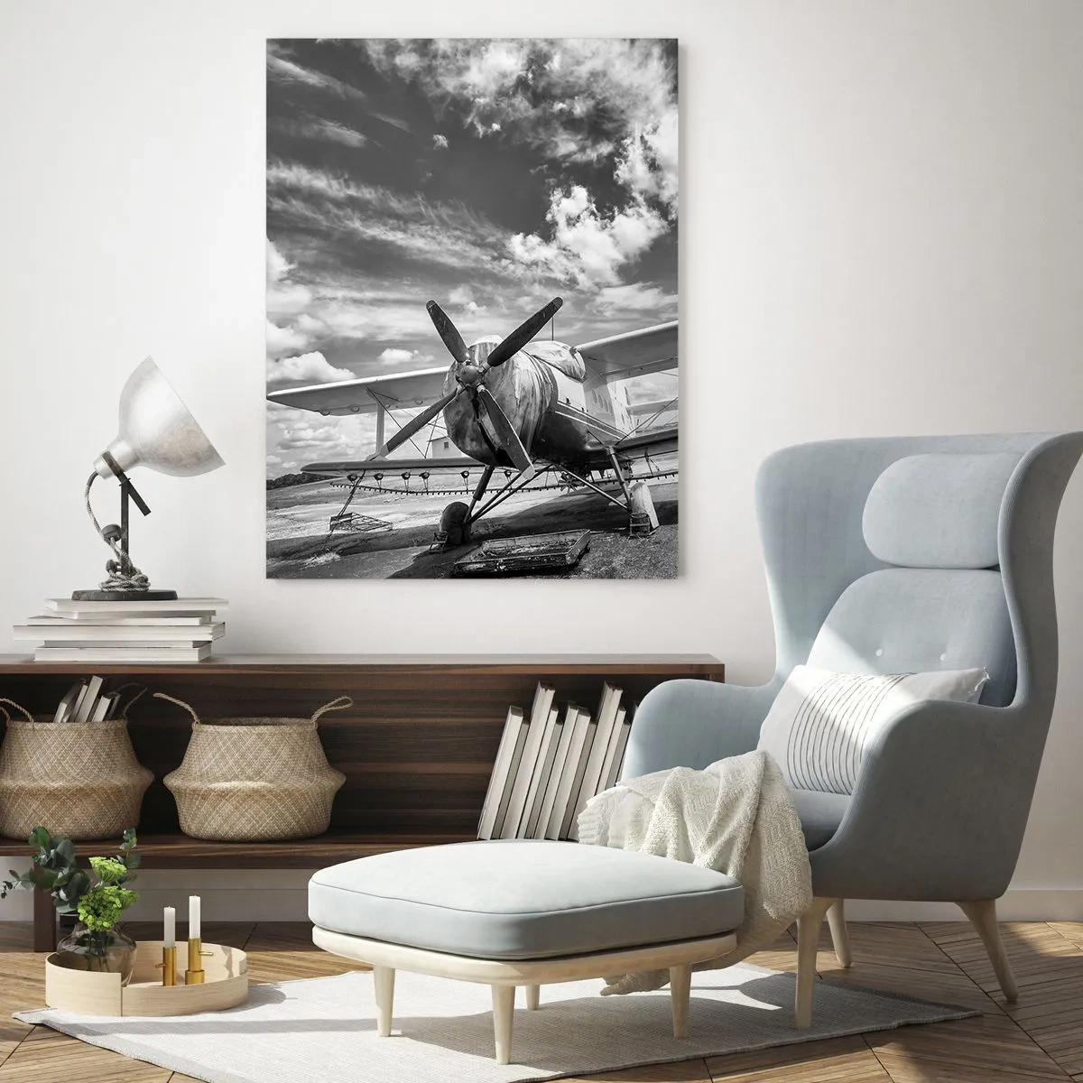 Cuadro sobre vidrio - Impresiones sobre Vidrio - Fotografía en blanco y negro de un biplano clásico. - 50x70cm - No puedo esperar - Decoración de pared moderna para salón y dormitorio ARTTOR