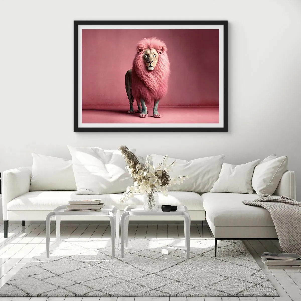 Póster en marco negro - Un león artísticamente representado con una melena rosa sobre un fondo rosa. - 100x70cm - Y ya no me tienes miedo - Decoración de pared moderna para salón y dormitorio ARTTOR