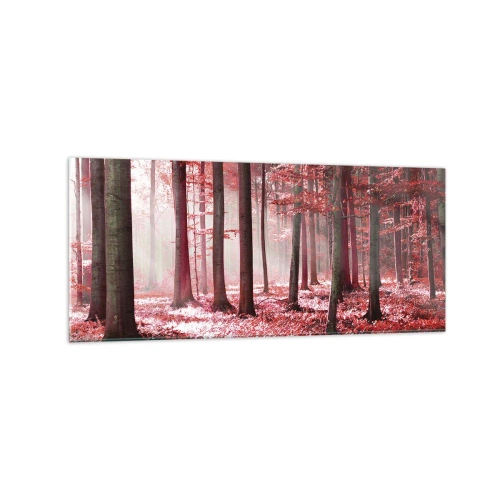 Cuadro sobre vidrio - Impresiones sobre Vidrio - Un impresionante bosque en tonos rojos con rayos de luz que penetran a través de los árboles. - 120x50cm - Rojo como el que más - Decoración de pared moderna para salón y dormitorio ARTTOR
