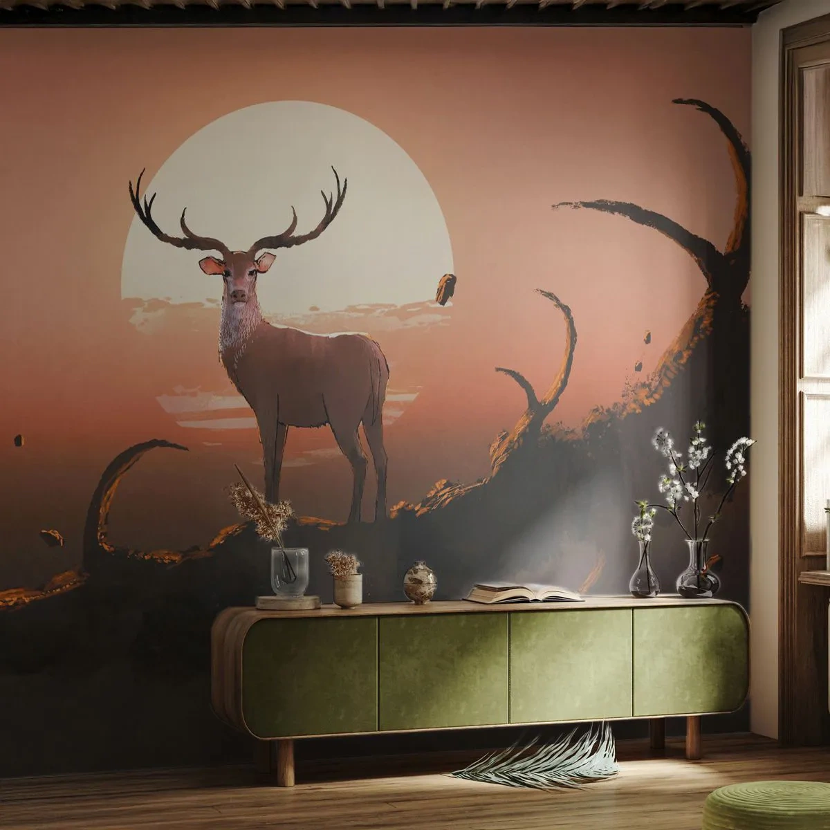 Fotomural Premium Sand - Un ciervo con el sol poniente como telón de fondo en un paisaje surrealista. - 100x70cm - Esta noche es diferente a cualquier otra - Decoración de pared moderna para salón y dormitorio ARTTOR