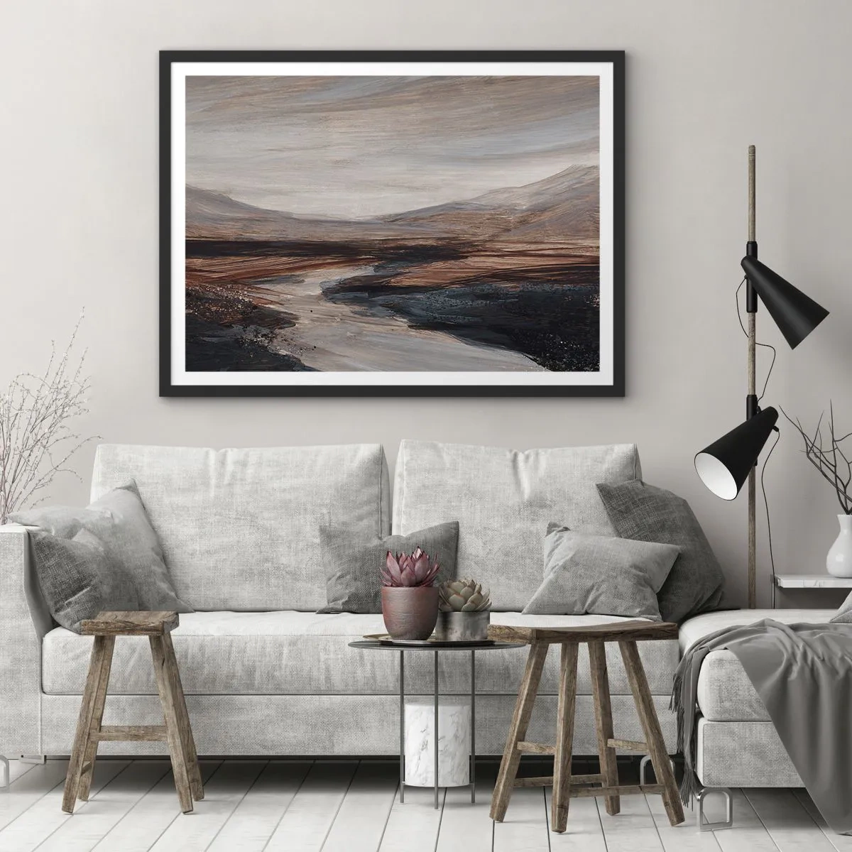 Póster en marco negro - Un paisaje pintoresco con un río y montañas. - 70x50cm - Valle apacible - Decoración de pared moderna para salón y dormitorio ARTTOR