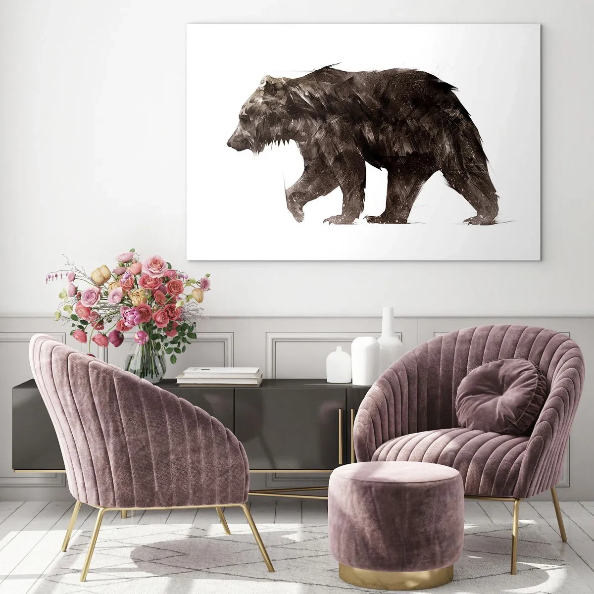 Cuadro sobre vidrio - Impresiones sobre Vidrio - Una representación artística de un oso pardo en tonos marrones y negros. - 100x70cm - Elegante y poderoso - Decoración de pared moderna para salón y dormitorio ARTTOR