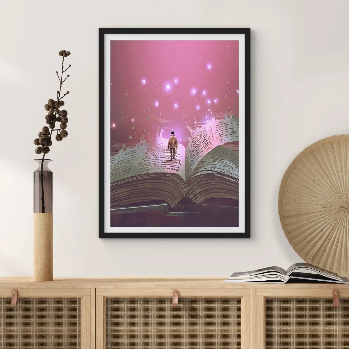 Póster en marco negro - Una figura en un entorno mágico de pie sobre un libro abierto. - 50x70cm - Una invitación a otro mundo - Decoración de pared moderna para salón y dormitorio ARTTOR