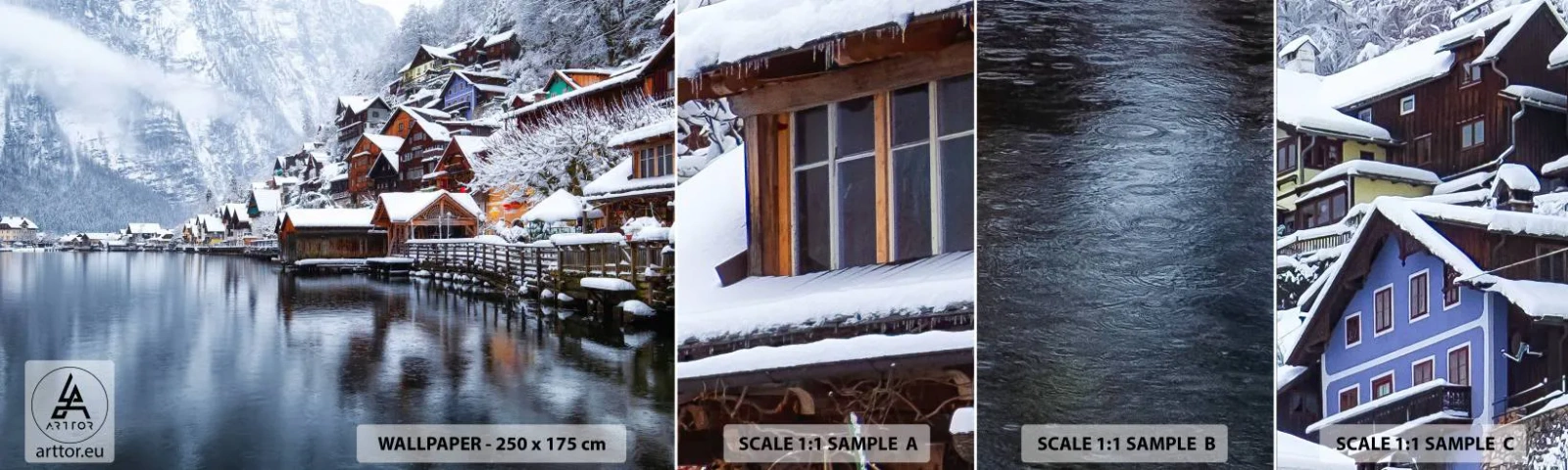 Muestra de fotomural autoadhesivo Deluxe Sticker - En un decorado de invierno - Paisaje, Asentamiento de montaña, Invierno - 100x30 cm