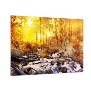 Cuadro sobre vidrio - Impresiones sobre Vidrio - Bosque otoñal con un río bajo los rayos de luz cálida. - 100x70cm - Piedras bañadas en oro y platino - Decoración de pared moderna para salón y dormitorio ARTTOR