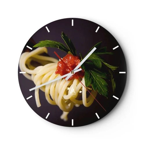 Reloj de pared - Reloj de vidrio - Espaguetis con salsa de tomate y hierbas - 30x30cm - Un sabroso bocado - Decoración de pared moderna para salón, cocina y dormitorio ARTTOR