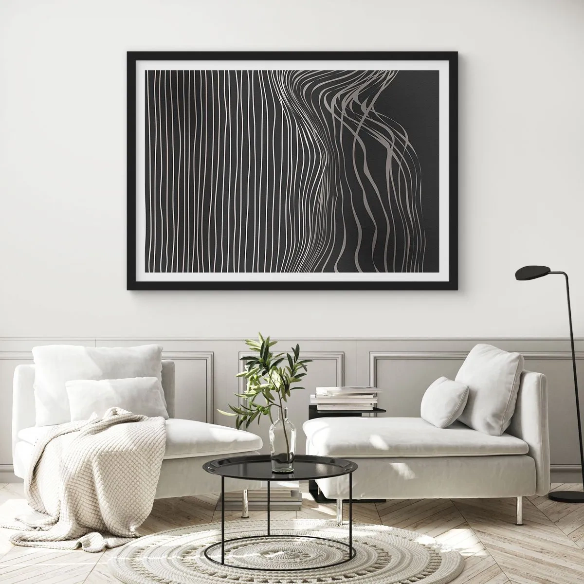 Póster en marco negro - Líneas blancas sobre un fondo gris oscuro en una disposición abstracta. - 70x50cm - Ritmo y acento - Decoración de pared moderna para salón y dormitorio ARTTOR