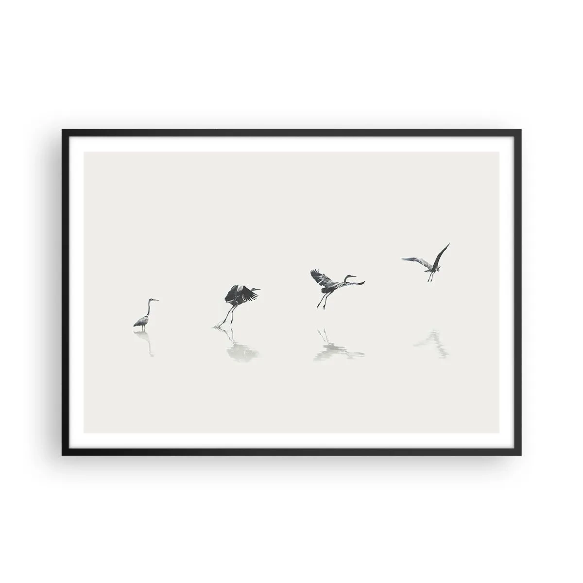 Póster en marco negro - Cuatro siluetas de aves reflejadas en el agua tranquila. - 100x70cm - Cuatro sencillos pasos para despegar - Decoración de pared moderna para salón y dormitorio ARTTOR