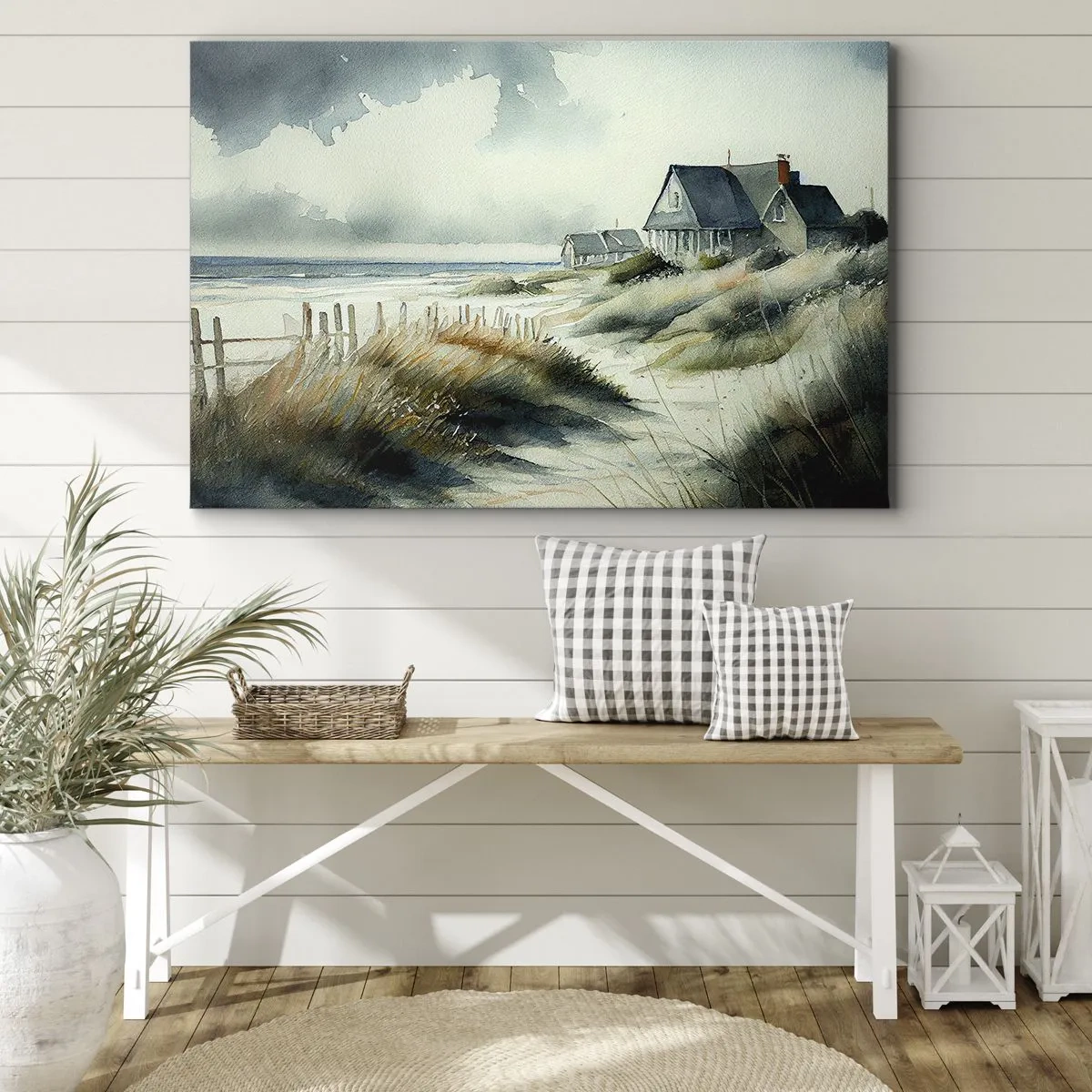 Cuadro sobre lienzo - Impresión de Imagen - Una casa junto al mar rodeada de césped y con vistas al mar. - 100x70cm - Lejos del bullicio - Decoración de pared moderna para salón y dormitorio ARTTOR