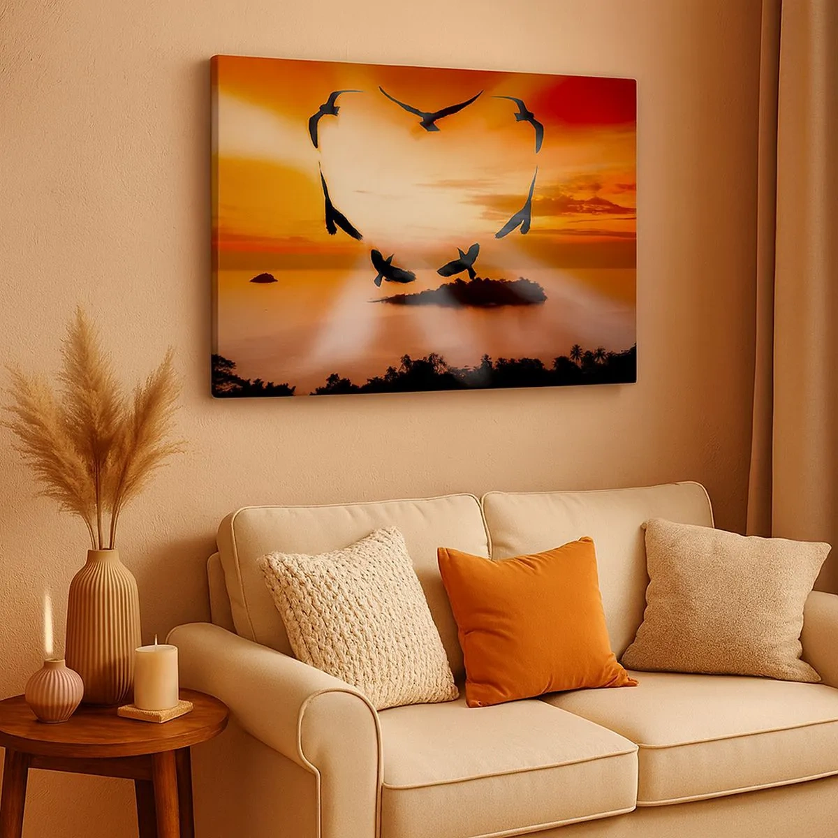 Cuadro sobre lienzo - Impresión de Imagen - Pájaros formando un corazón con el sol poniente como telón de fondo. - 70x50cm - Ama el mundo como los pájaros - Decoración de pared moderna para salón y dormitorio ARTTOR
