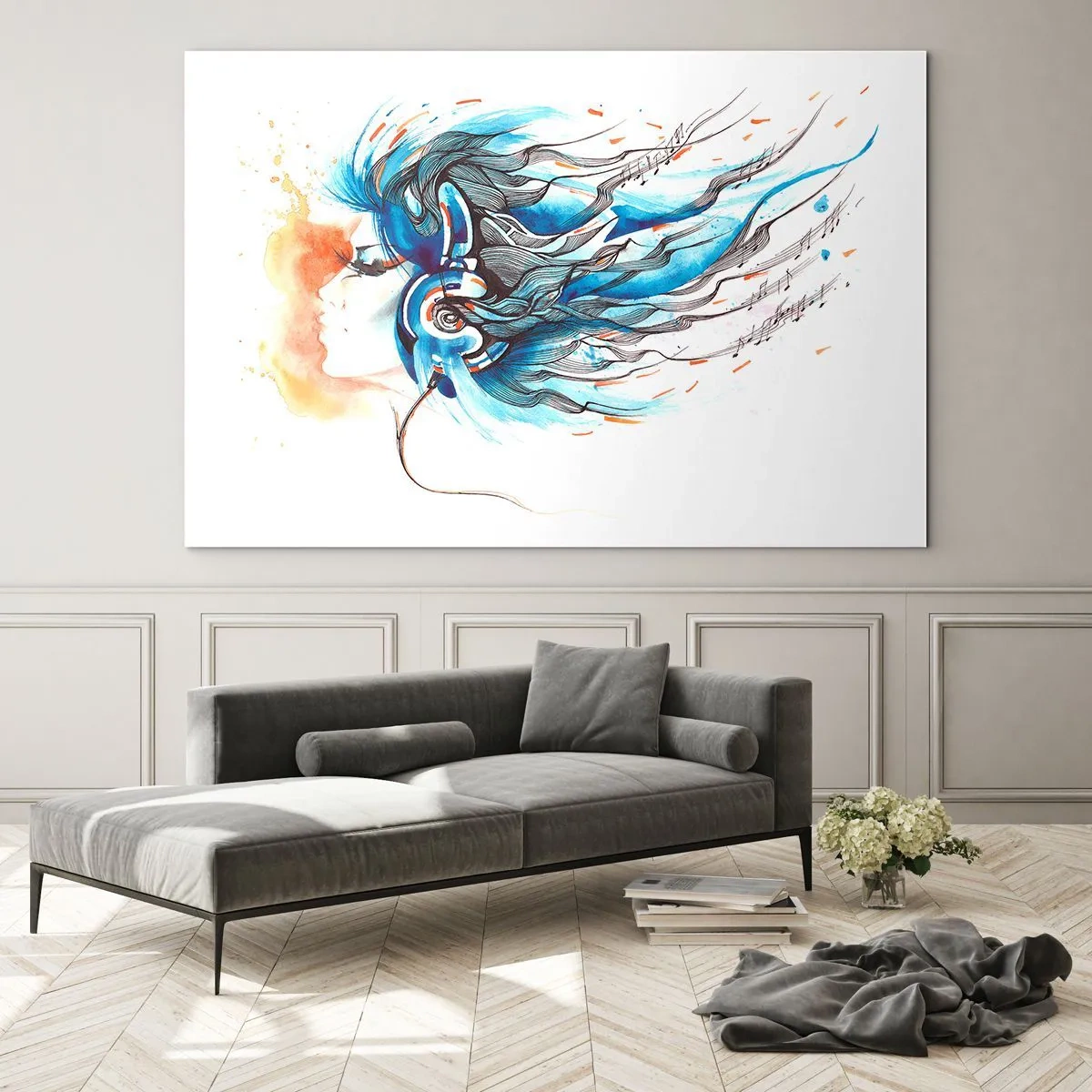 Cuadro sobre vidrio - Impresiones sobre Vidrio - Una mujer con cabello azul y auriculares, en una expresión musical. - 120x80cm - Que suene la música - Decoración de pared moderna para salón y dormitorio ARTTOR