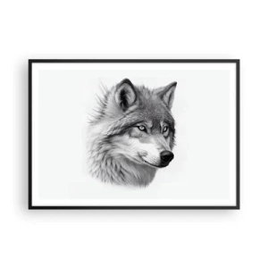 Póster en marco negro - Un retrato realista de un lobo en tonos de gris. - 100x70cm - Alfa - sin duda - Decoración de pared moderna para salón y dormitorio ARTTOR