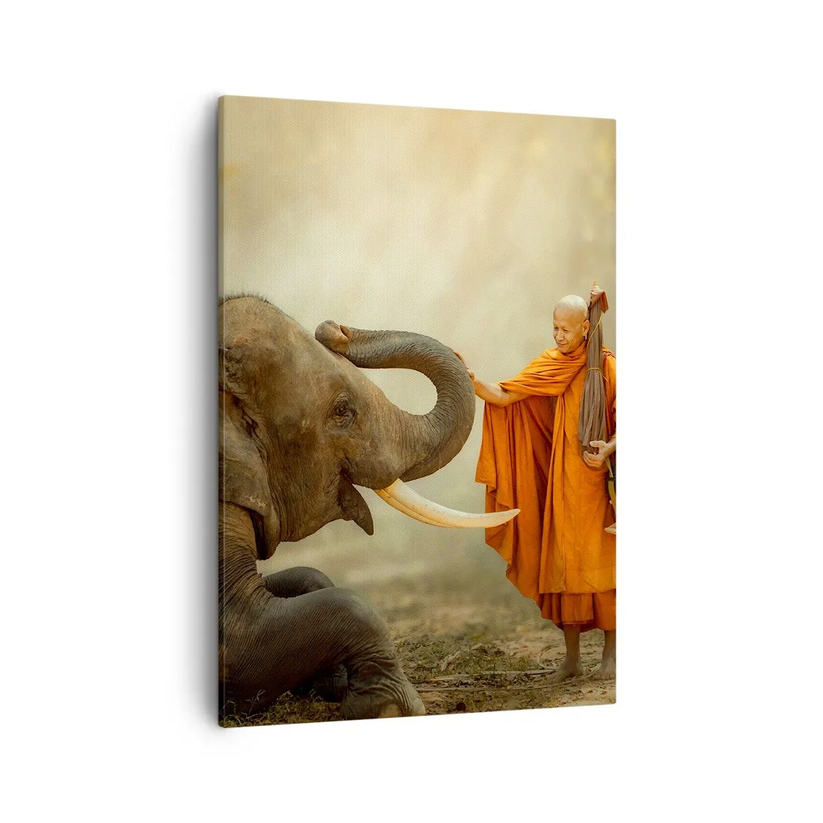Cuadro sobre lienzo - Impresión de Imagen - Un monje y un elefante en armonía con la naturaleza como telón de fondo. - 50x70cm - Un encuentro en un viaje - Decoración de pared moderna para salón y dormitorio ARTTOR