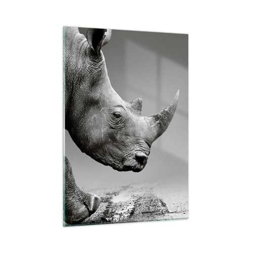 Cuadro sobre vidrio - Impresiones sobre Vidrio - Un rinoceronte en movimiento sobre un fondo gris. - 50x70cm - Fuerza imparable - Decoración de pared moderna para salón y dormitorio ARTTOR