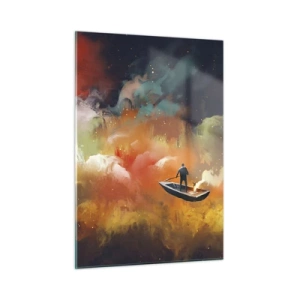 Cuadro sobre vidrio - Impresiones sobre Vidrio - Una figura en un barco flotando entre coloridas nubes galácticas. - 50x70cm - En barco por la galaxia - Decoración de pared moderna para salón y dormitorio ARTTOR