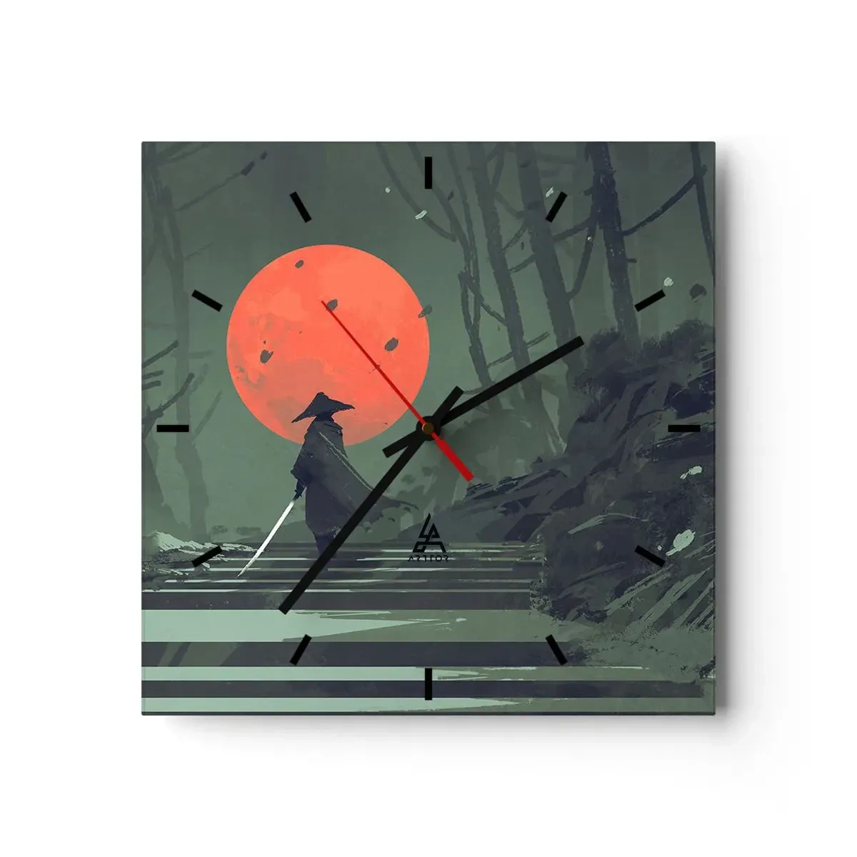 Reloj de pared - Reloj de vidrio - Un guerrero solitario con una espada contra el fondo de una luna roja en un bosque oscuro. - 30x30cm - Guerrero de la luna roja - Decoración de pared moderna para salón y dormitorio ARTTOR