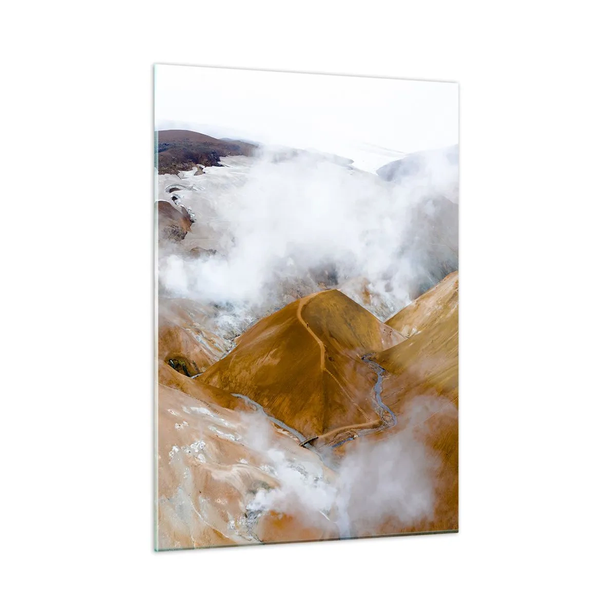 Cuadro sobre vidrio - Impresiones sobre Vidrio - Vista aérea de las humeantes colinas y valles islandeses - 50x70cm - La dura belleza de Islandia - Decoración de pared moderna para salón y dormitorio ARTTOR