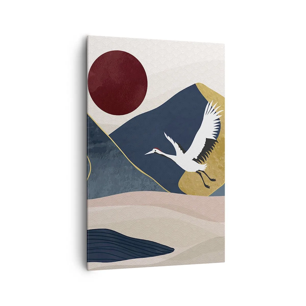 Cuadro sobre lienzo - Impresión de Imagen - Grúas en vuelo con el telón de fondo de montañas y un sol rojo. - 80x120cm - Y el día ha vuelto a pasar volando - Decoración de pared moderna para salón y dormitorio ARTTOR