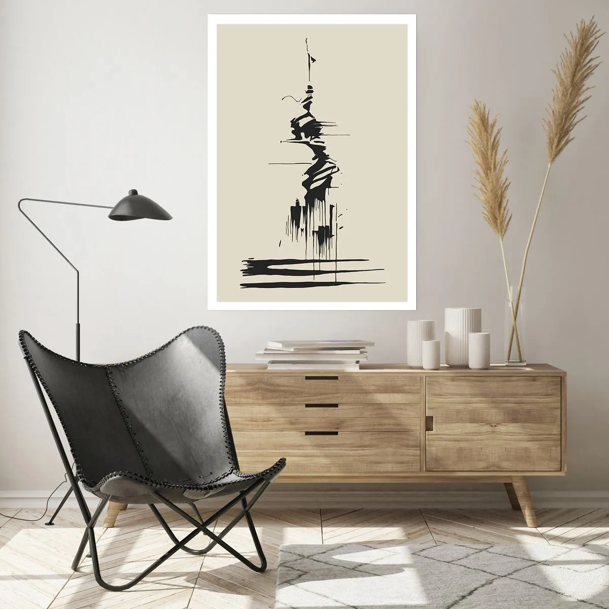 Póster - Un dibujo abstracto de una figura sobre un fondo de líneas onduladas. - 50x70cm - Abstracción apresurada - Decoración de pared moderna para salón y dormitorio ARTTOR