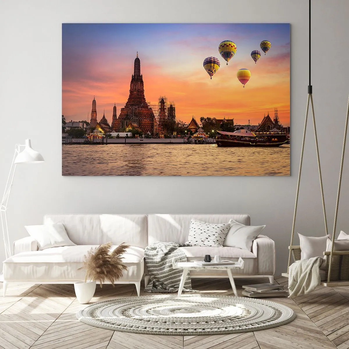 Cuadro sobre vidrio - Impresiones sobre Vidrio - Templo junto al río al atardecer con globos - 120x80cm - Aquí es donde nacen los cuentos de hadas - Decoración de pared moderna para salón y dormitorio ARTTOR