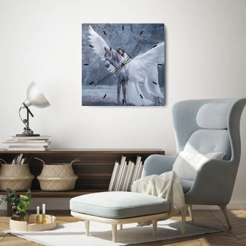 Reloj de pared - Reloj de vidrio - Una mujer en un caballo blanco con alas en un bosque mágico. - 30x30cm - Un momento de inspiración - Decoración de pared moderna para salón y dormitorio ARTTOR