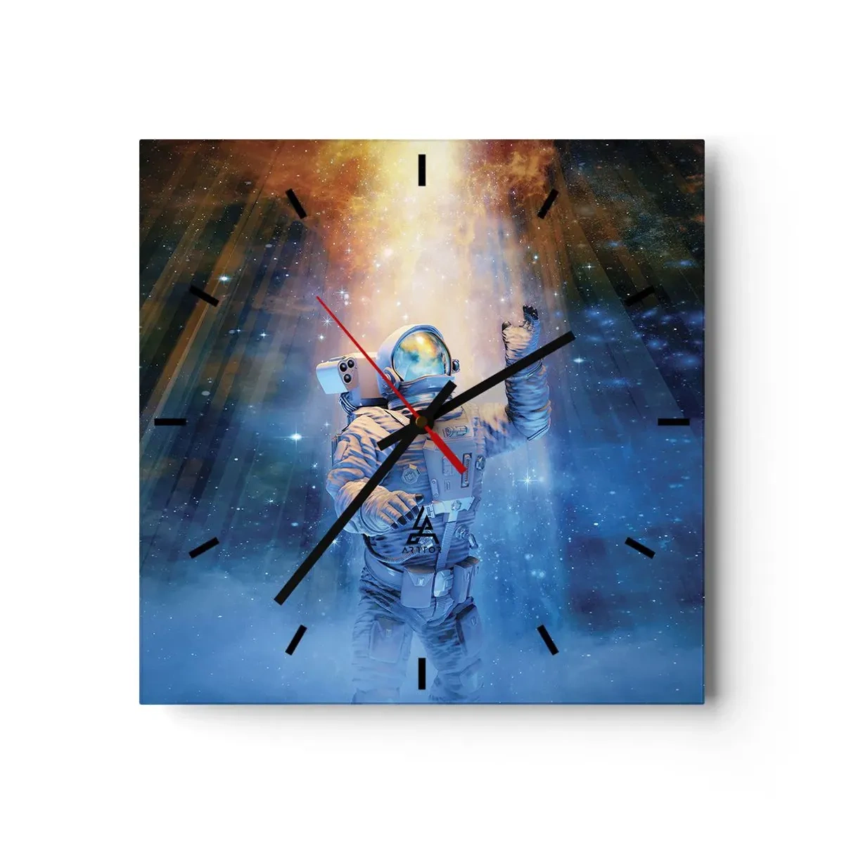 Reloj de pared - Reloj de vidrio - Astronauta a la luz de una explosión cósmica llena de estrellas - 30x30cm - El descubrimiento - Decoración de pared moderna para salón y dormitorio ARTTOR