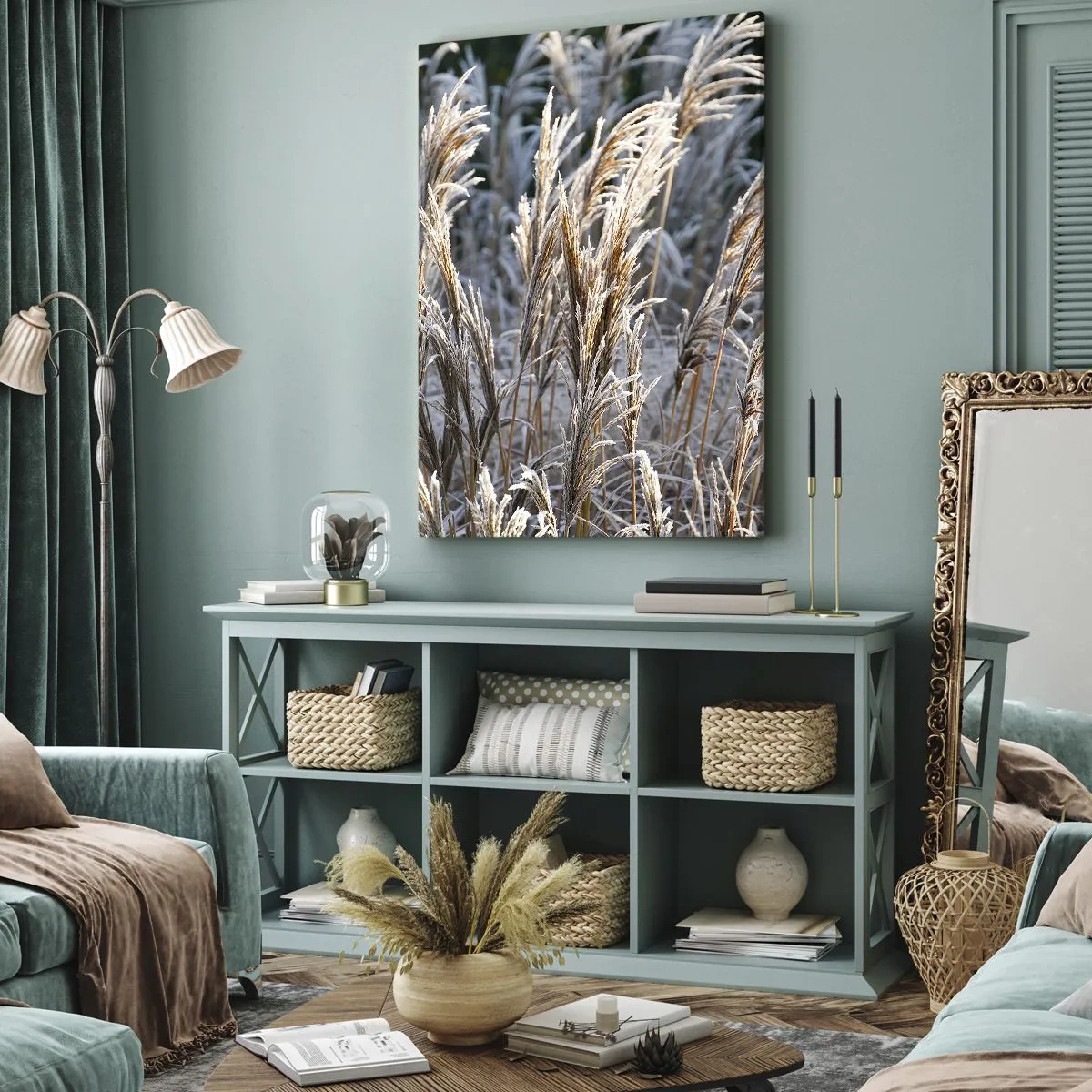 Cuadro sobre lienzo - Impresión de Imagen - Hojas de hierba invernales cubiertas de escarcha sobre un fondo verde oscuro - 50x70cm - Campos y campos - Decoración de pared moderna para salón y dormitorio ARTTOR