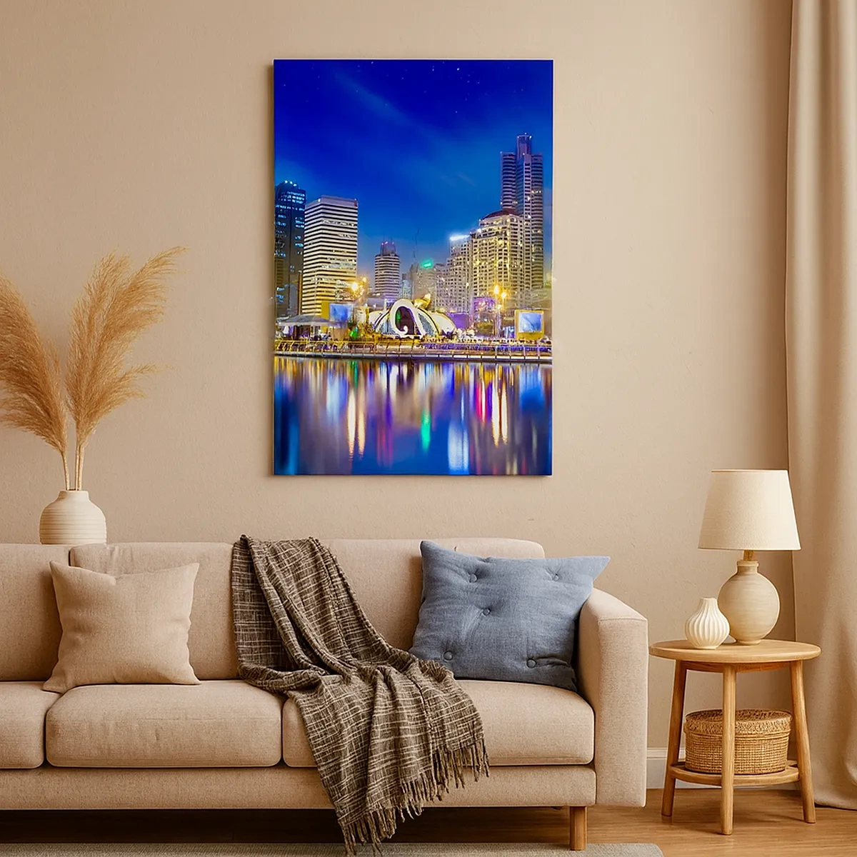 Cuadro sobre lienzo - Impresión de Imagen - Panorama nocturno de la ciudad con luces reflejadas en el agua. - 50x70cm - La noche del arco iris de la metrópoli - Decoración de pared moderna para salón y dormitorio ARTTOR