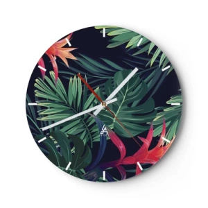 Reloj de pared - Reloj de vidrio - Hojas y flores tropicales sobre un fondo oscuro. - 30x30cm - Encender el color verde - Decoración de pared moderna para salón, cocina y dormitorio ARTTOR