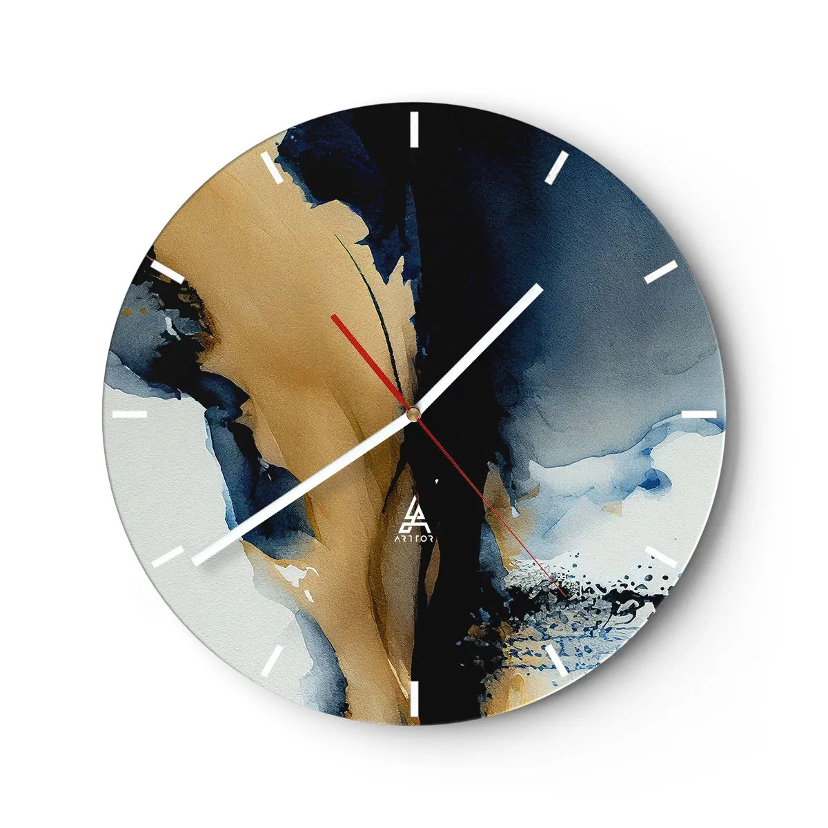 Reloj de pared - Reloj de vidrio - Acuarela abstracta con contraste de azul marino y beige. - 30x30cm - Tras el telón - Decoración de pared moderna para salón, cocina y dormitorio ARTTOR