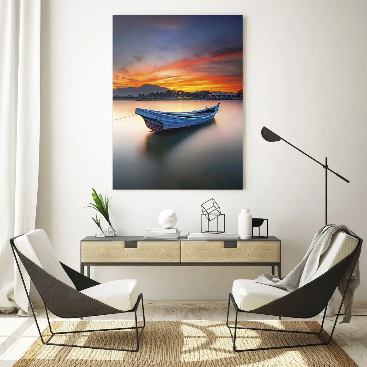 Cuadro sobre vidrio - Impresiones sobre Vidrio - Barco de madera en el lago al atardecer - 50x70cm - Se avecina una buena noche - Decoración de pared moderna para salón y dormitorio ARTTOR