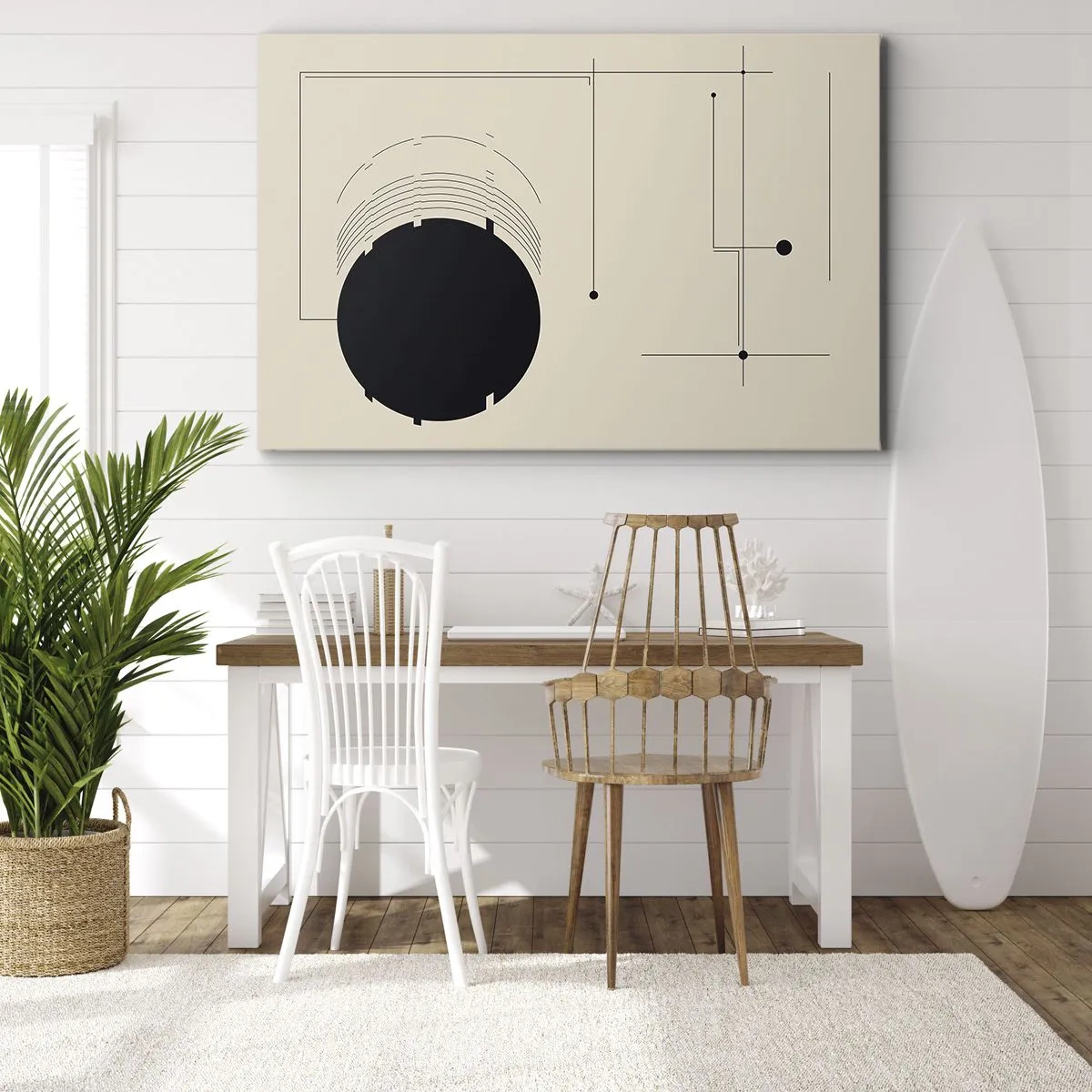 Cuadro sobre lienzo - Impresión de Imagen - Líneas geométricas negras y un círculo sobre un fondo beige. - 70x50cm - Composición elástica y dinámica - Decoración de pared moderna para salón y dormitorio ARTTOR