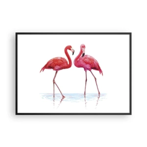 Póster en marco negro - Una pareja de flamencos en el agua contra un fondo claro. - 100x70cm - Cita rosada - Decoración de pared moderna para salón y dormitorio ARTTOR