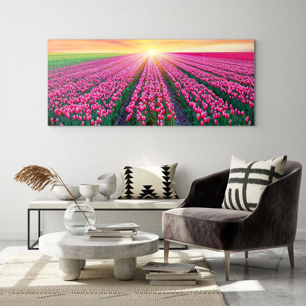 Cuadro sobre vidrio - Impresiones sobre Vidrio - Un campo de tulipanes al atardecer - 120x50cm - Granja de belleza - Decoración de pared moderna para salón y dormitorio ARTTOR