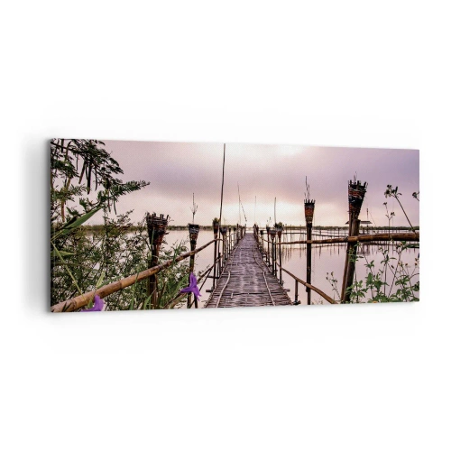 Cuadro sobre lienzo - Impresión de Imagen - Puente de bambú sobre el agua al amanecer - 120x50cm - La tranquilidad de Asia - Decoración de pared moderna para salón y dormitorio ARTTOR